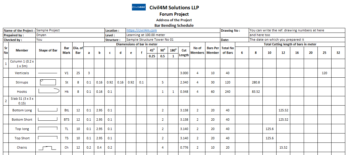 bar bending schedule program in microsoft excel