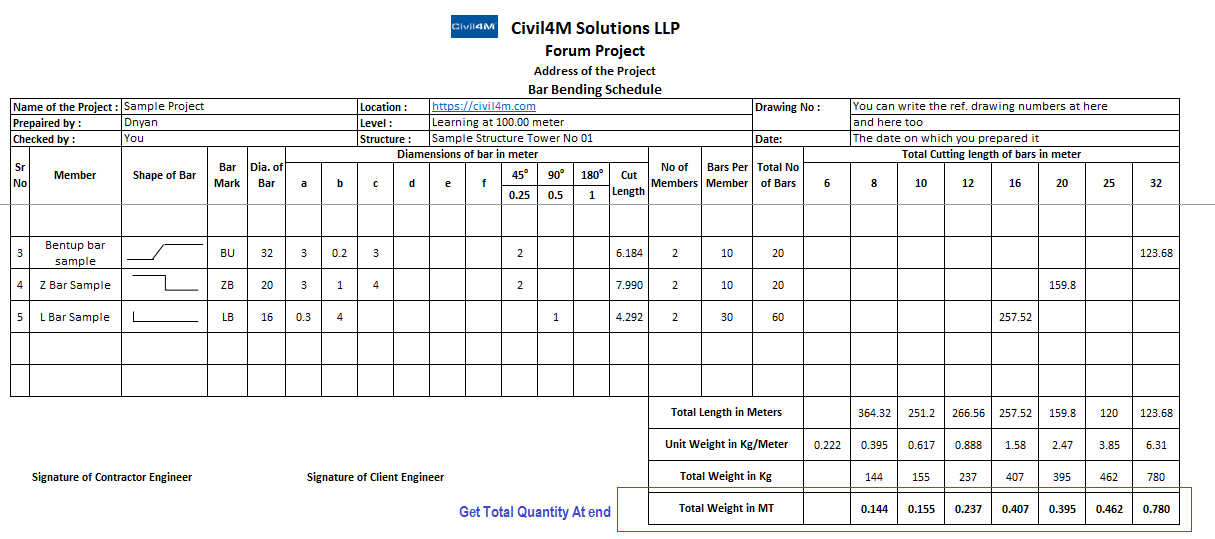 bar bending schedule program in microsoft excel